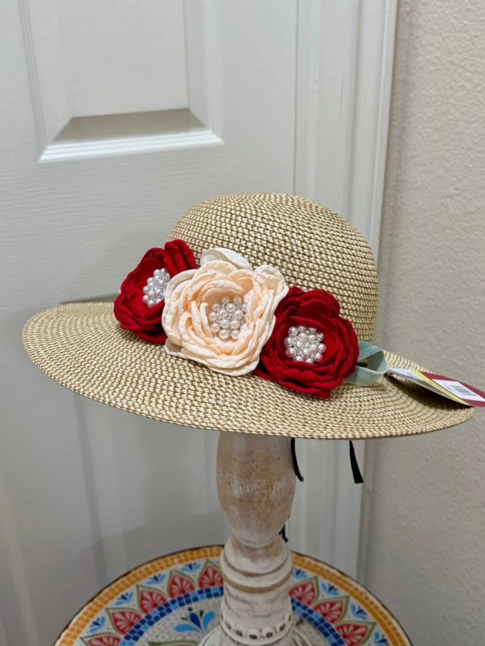 Elegant Women's Tweed Sun Hat With Satin Flowers And Pearls Wedding Tea Party